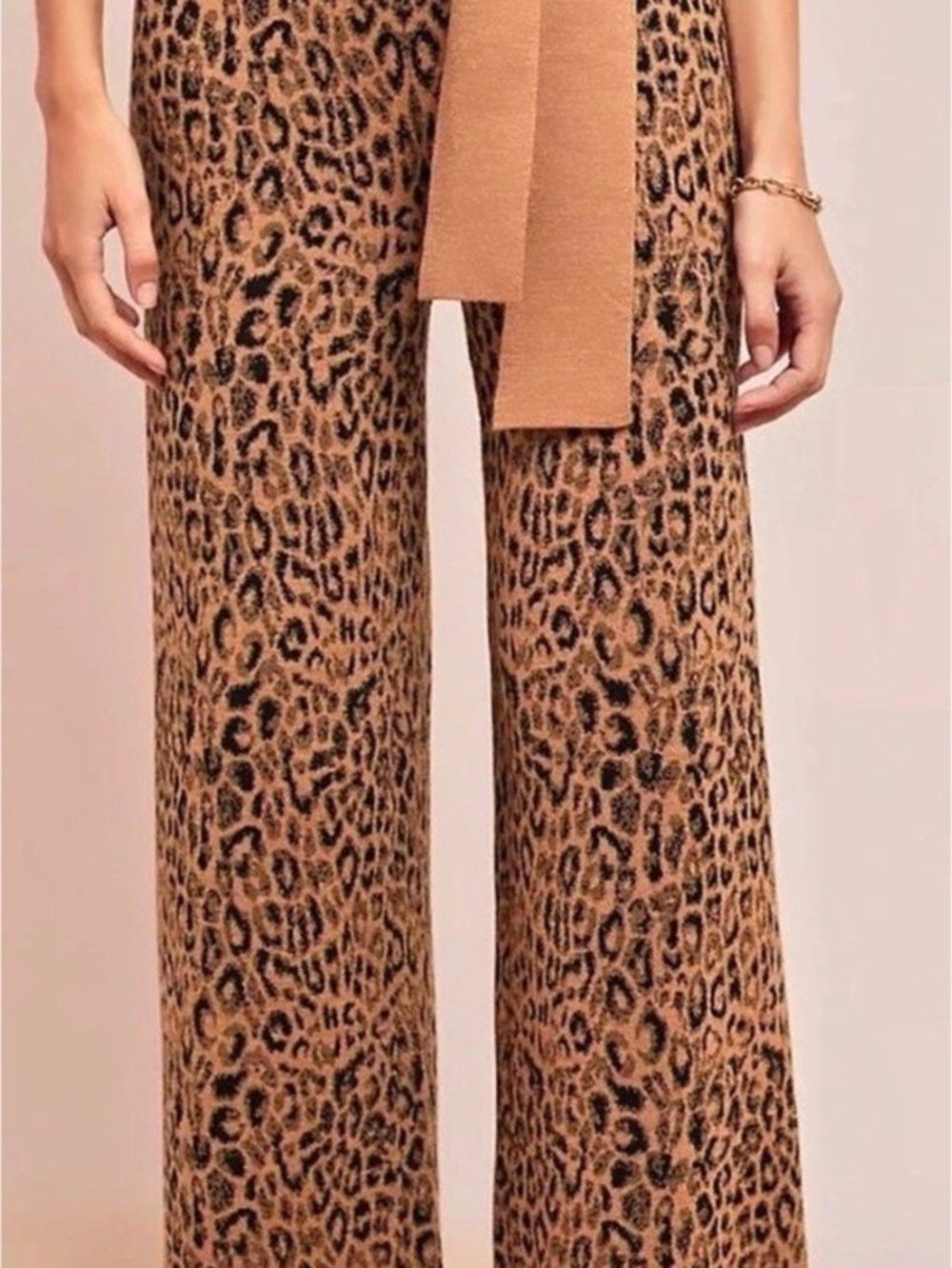 Anthropologie Moth Leopard Wool Sweater Pants Wide Leg Tie Waist-Small
